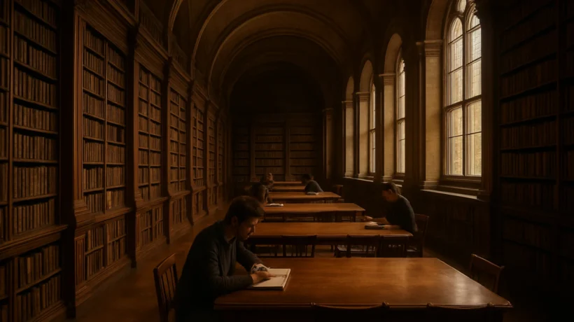 Dark academia estetika u povijesnoj knjižnici s tihom atmosferom znanja i učenja