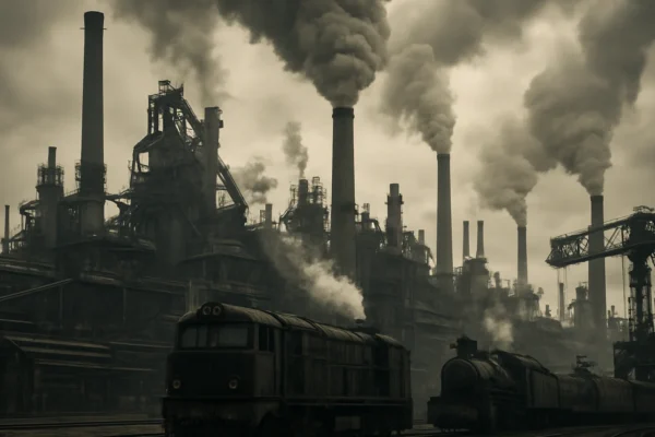 Dieselpunk industrijski grad s čeličnim konstrukcijama i dizel lokomotivama