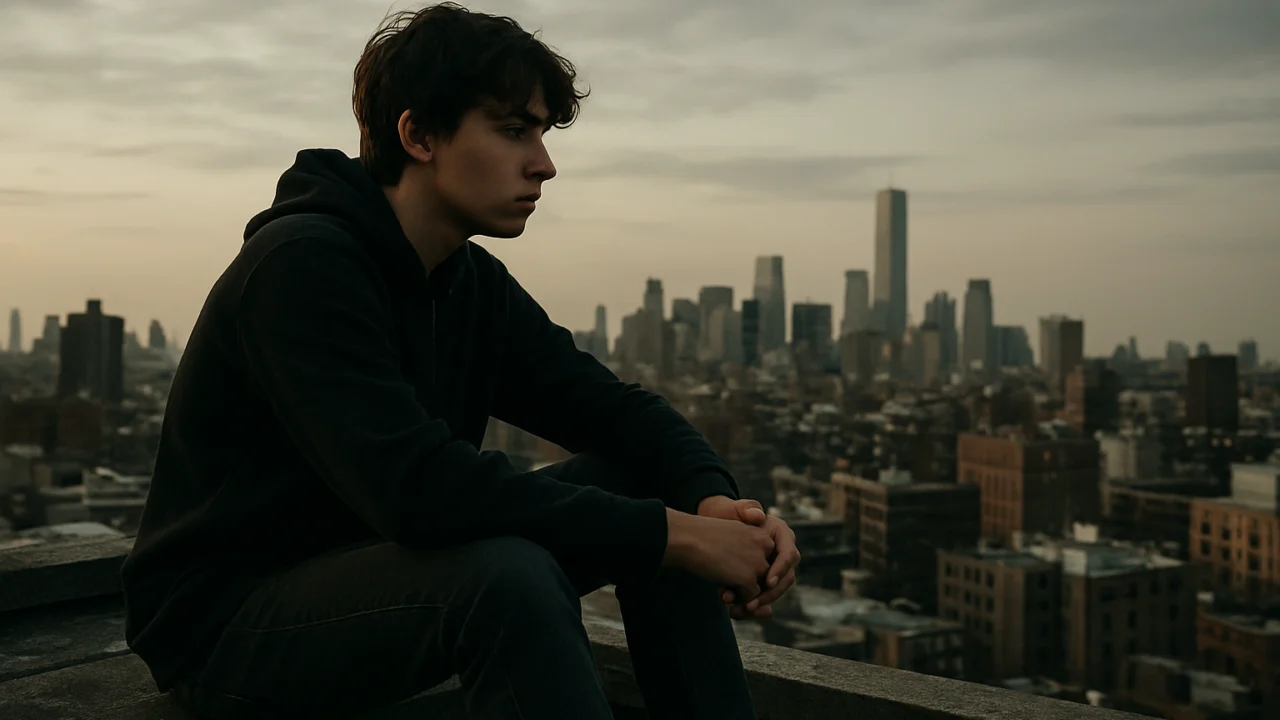 Mladić zamišljen na krovu zgrade – emotivni izazovi i potraga za identitetom