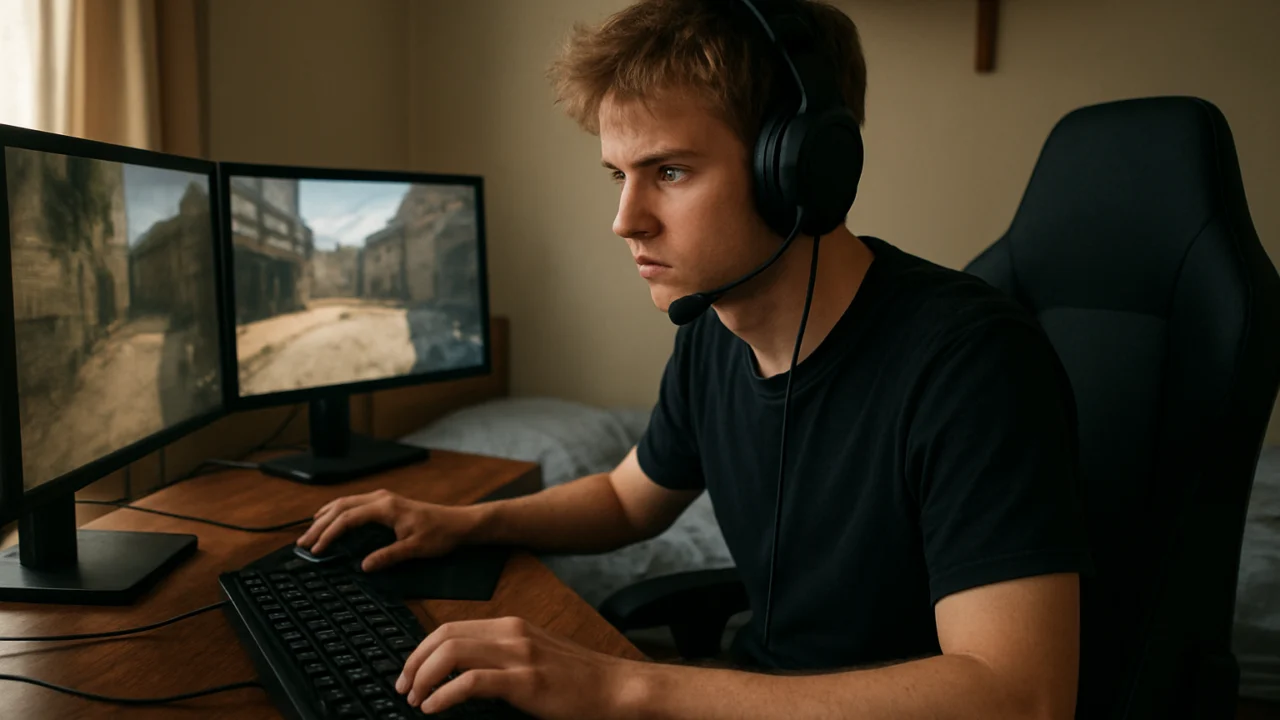 Mladi esport igrač u sobi s računalom i slušalicama