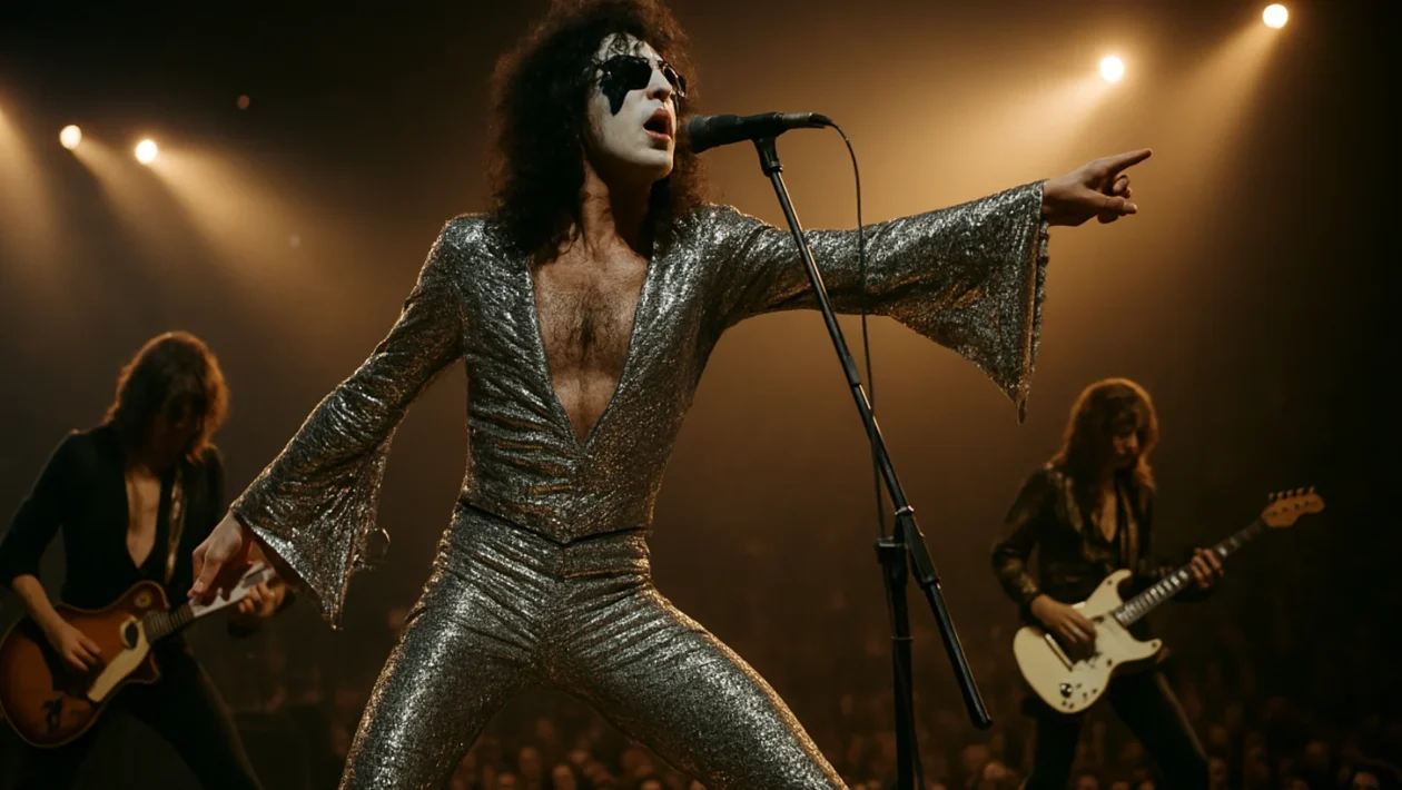 Glam rock koncert sedamdesetih s blještavim izvođačem i publikom