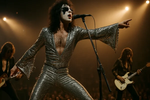 Glam rock koncert sedamdesetih s blještavim izvođačem i publikom