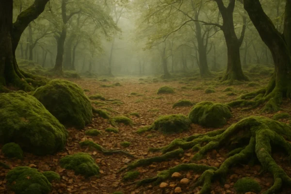 Goblincore estetika u šumi s mahovinom, gljivama i prirodnom nesavršenošću