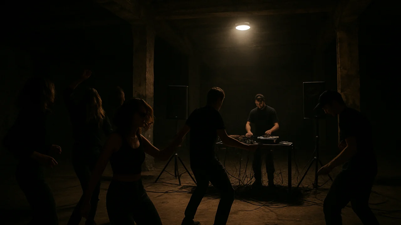 Underground hardstyle party u napuštenom skladištu s autentičnom atmosferom