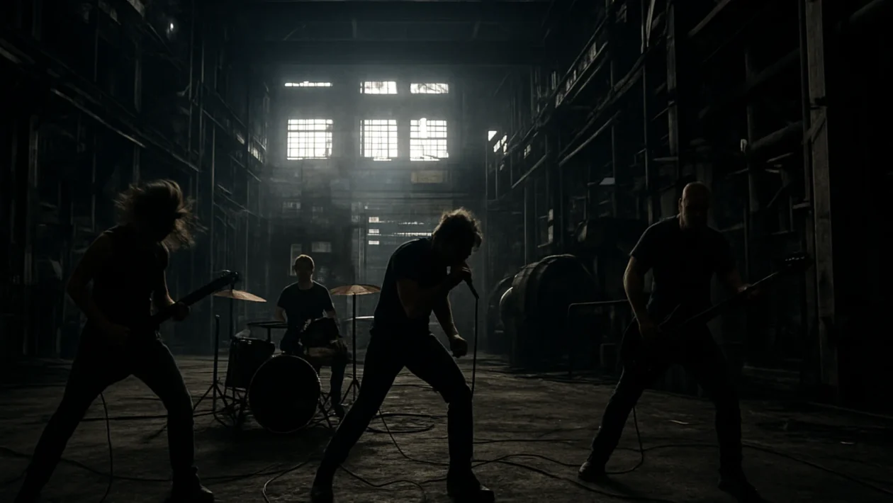 Industrial subkultura i glazba u napuštenoj industrijskoj hali s glazbenicima i sirovom atmosferom