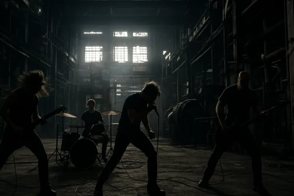 Industrial subkultura i glazba u napuštenoj industrijskoj hali s glazbenicima i sirovom atmosferom