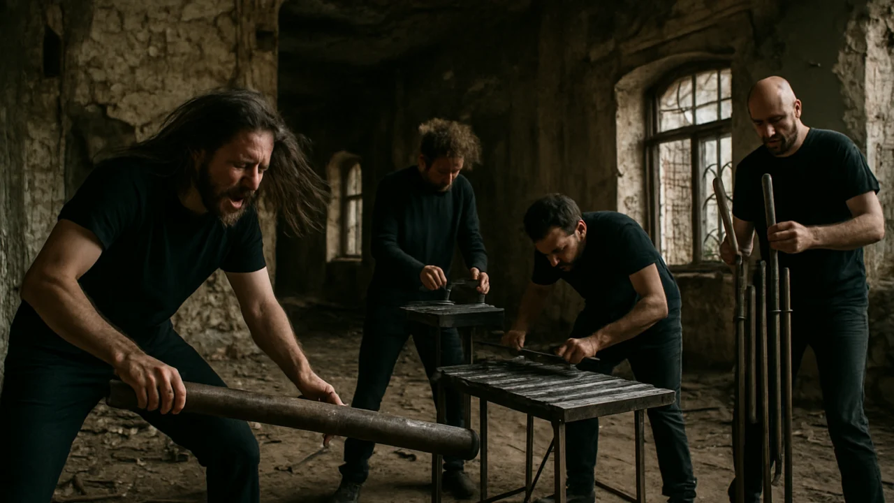 Industrial bend svira u napuštenoj zgradi koristeći metalne predmete kao instrumente