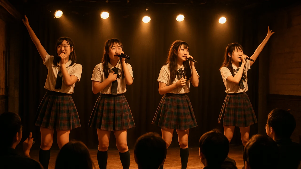 Mala J-pop idol grupa nastupa pred skromnom publikom na početku karijere