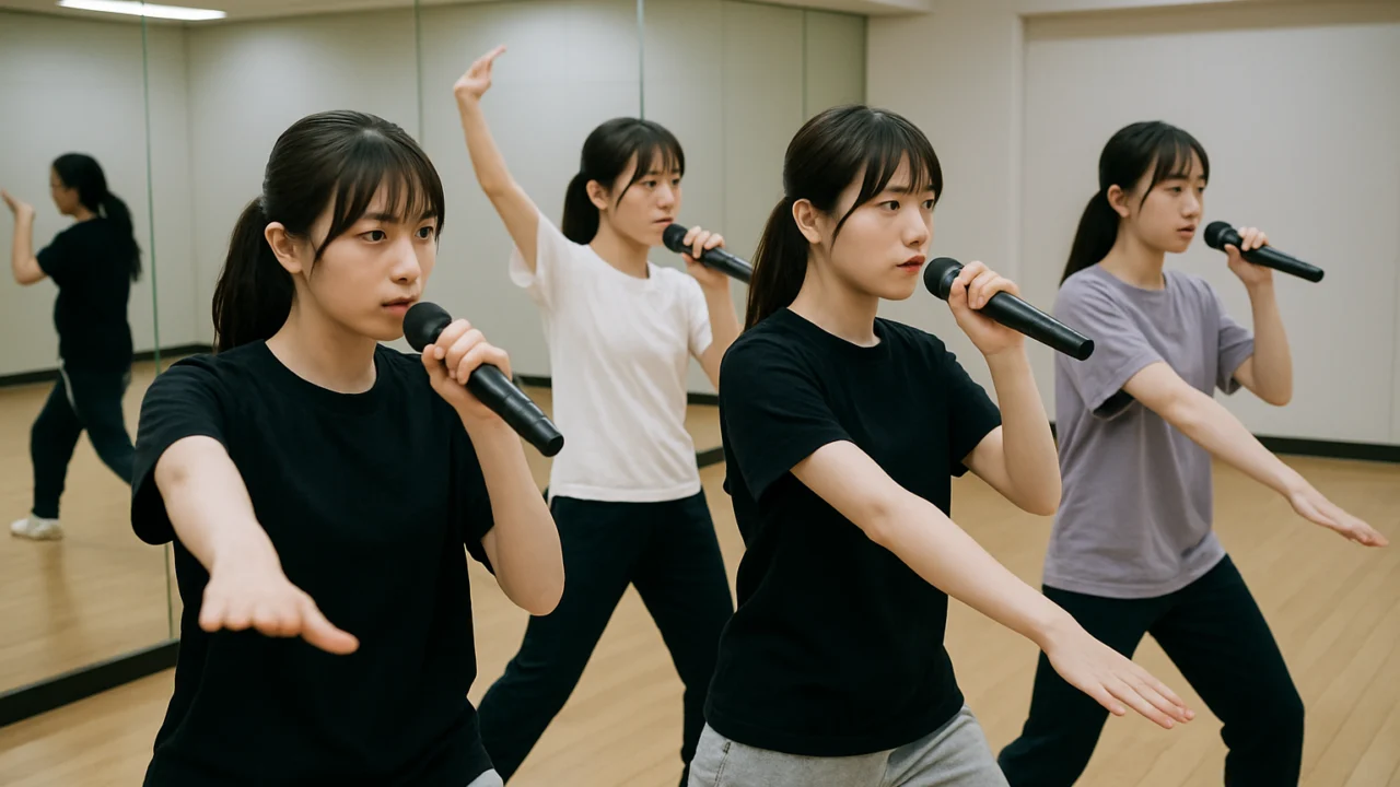 J-pop idoli na intenzivnom treningu plesa i pjevanja koji naglašava disciplinu