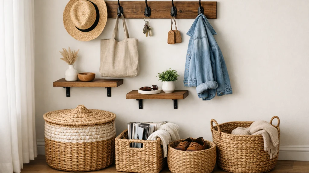 Funkcionalne kućne dekoracije poput košara i zidnih vješalica