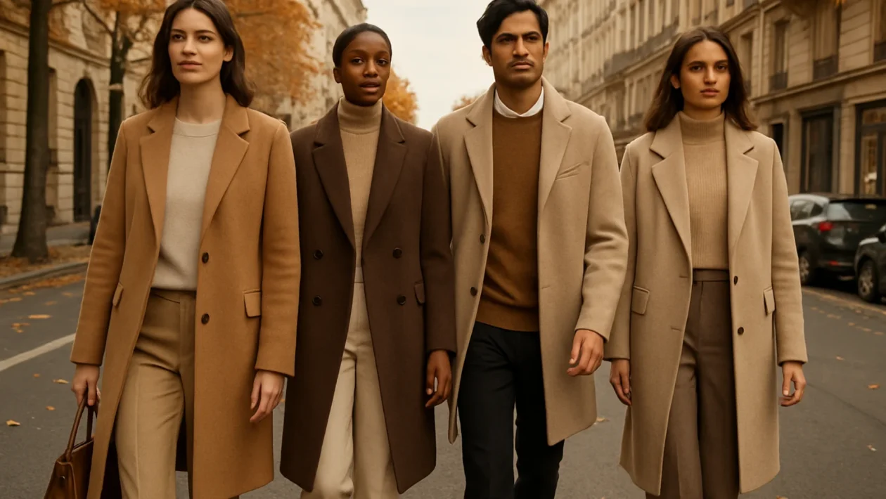 Jesenski modni trendovi 2024 u urbanom okruženju s klasičnim kaputima i neutralnim bojama