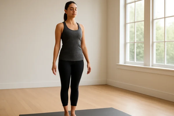 Joga poza planina (Tadasana) za početnike u mirnom joga studiju