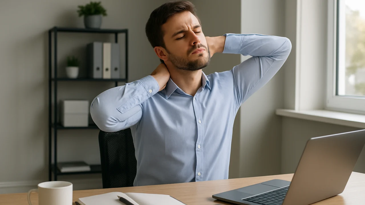 Uredski radnik izvodi jutarnje istezanje vrata i ramena