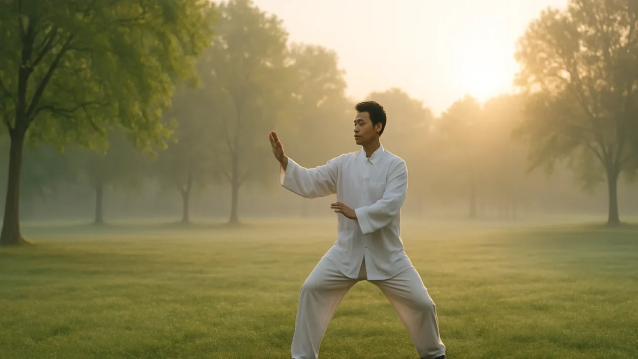 Jutarnji tai chi pokreti za početnike u parku pri izlasku sunca