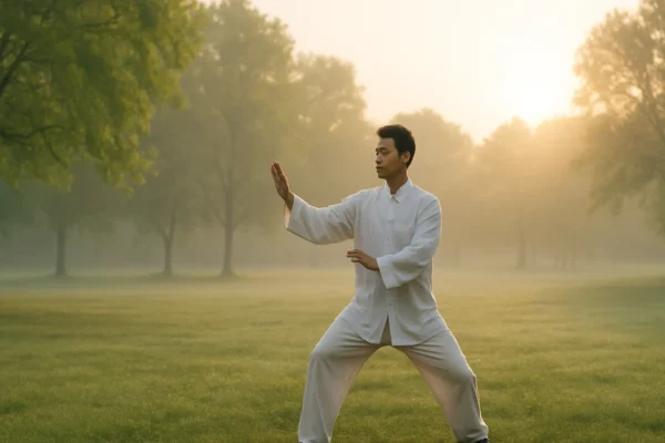 Jutarnji tai chi pokreti za početnike u parku pri izlasku sunca