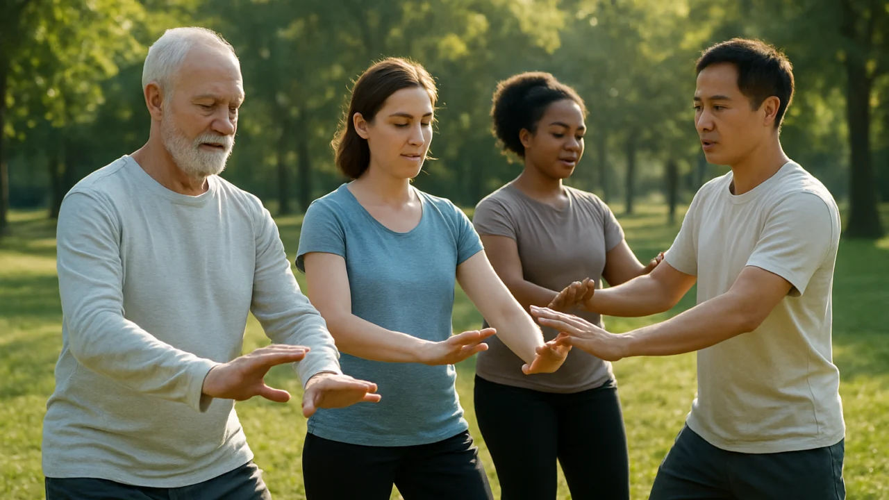 Početnici izvode jutarnje tai chi pokrete na otvorenom