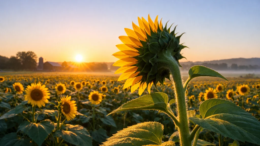 Suncokret na polju okreće se prema suncu kako bi iskoristio svjetlost