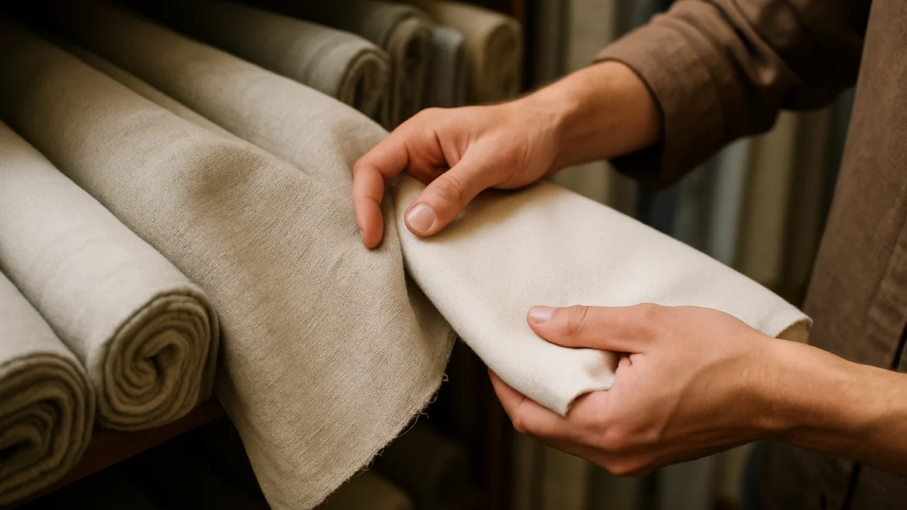 Kupac provjerava teksturu i debljinu tkanine prilikom odabira kvalitetnog materijala