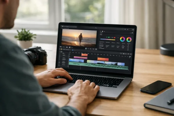 Osoba uređuje video na laptopu koristeći jednostavne alate za montažu