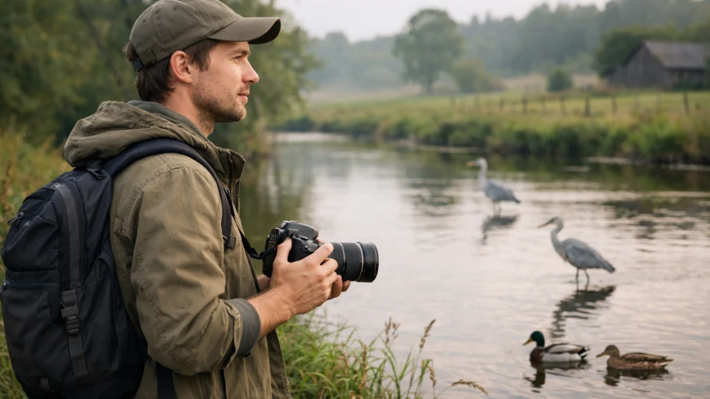 Mladi fotograf uz rijeku promatra prirodu i životinje
