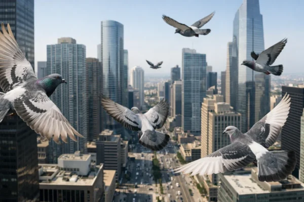Golubovi u letu iznad urbanog grada pokazuju sposobnost navigacije među zgradama