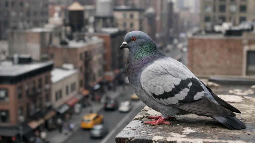 Golub promatra grad s krova zgrade kao uvod u izazove urbane navigacije