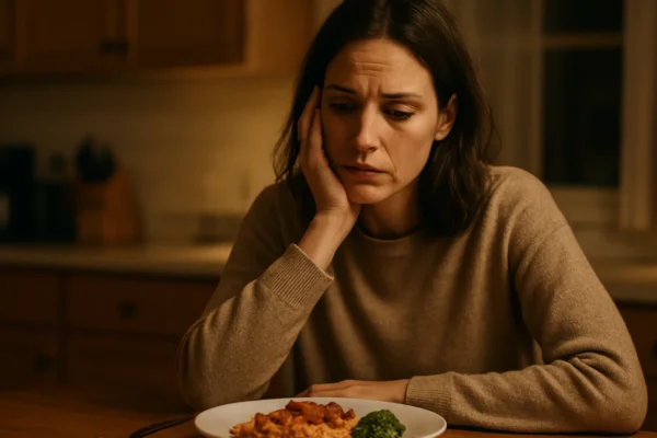 Osoba sjedi za stolom s hranom ispred sebe i razmišlja o emocionalnom jedenju