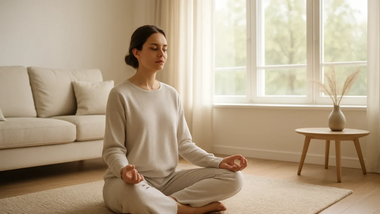 Mirna jutarnja meditacija u domu kao simbol izgradnje navike meditacije
