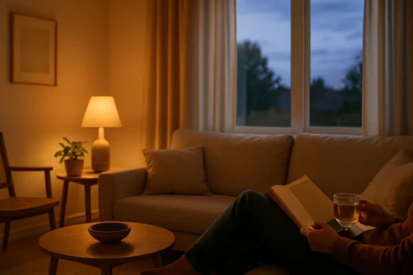 Smirujuća večernja rutina u ugodnom domu s toplim svjetlom i opuštajućom atmosferom