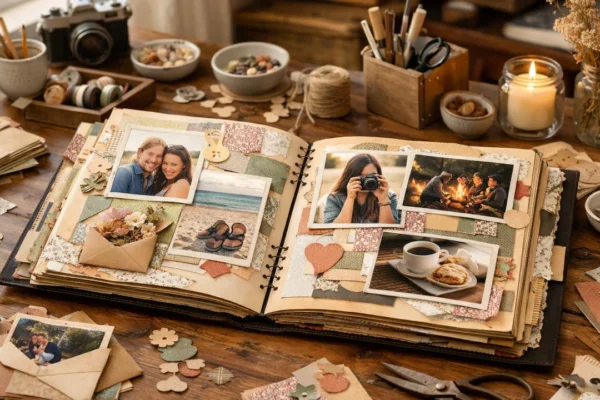Ručni scrapbooking album s pričom na kreativnom radnom stolu