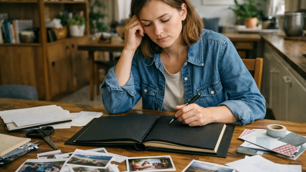 Početak izrade scrapbooking albuma s fotografijama i praznim stranicama