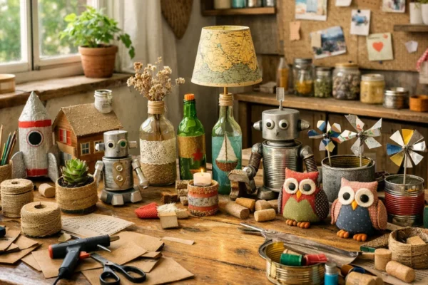 Ručно izrađeni ukrasi od recikliranih materijala na radnom stolu u domu