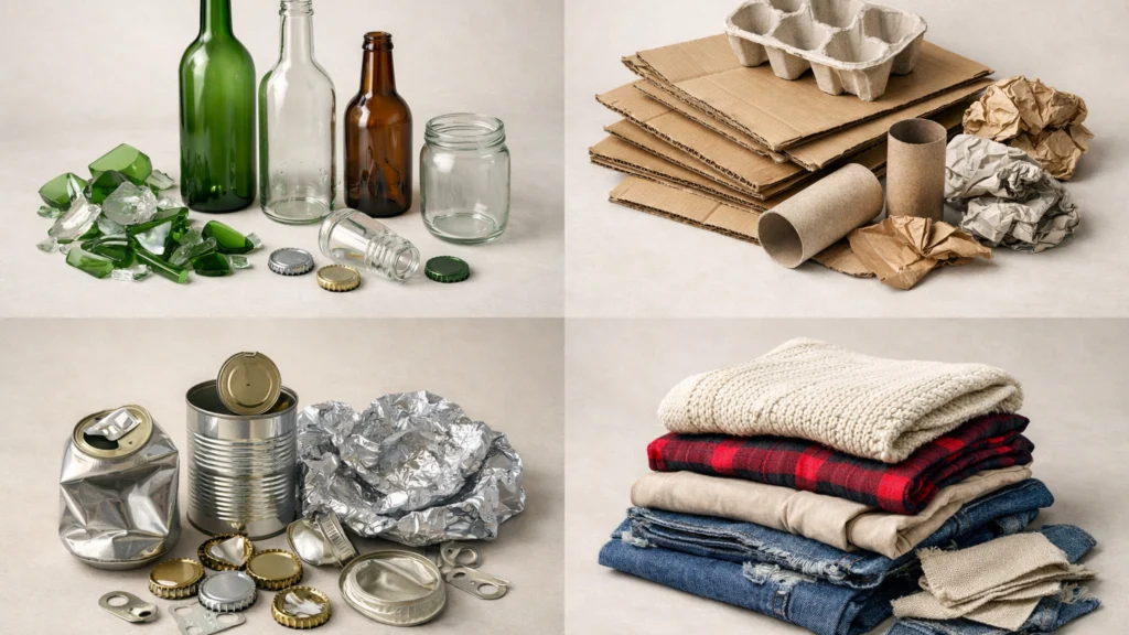 Različiti reciklirani materijali pripremljeni za izradu ukrasa