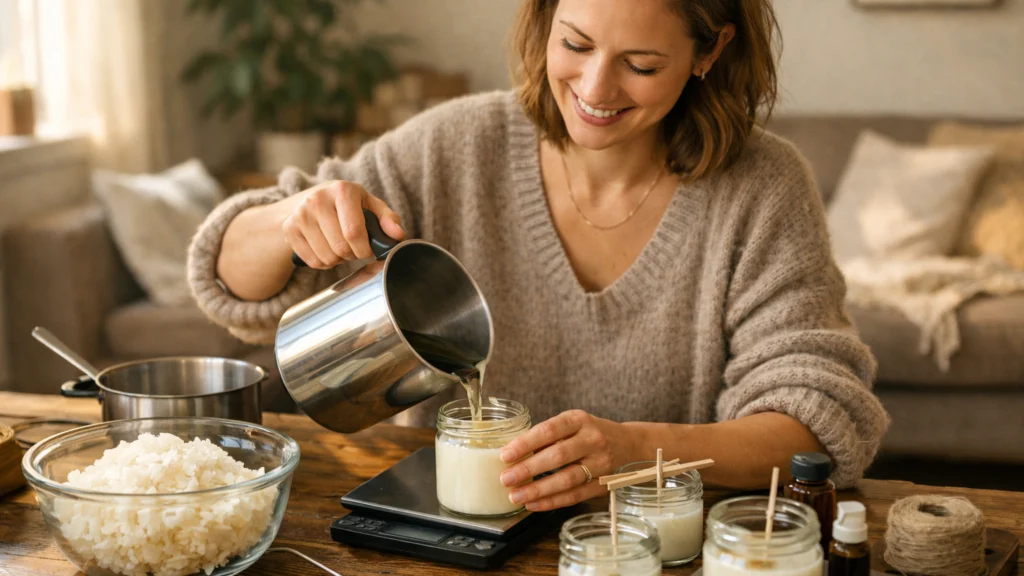 Žena izrađuje svijeće kod kuće koristeći sojin vosak i staklenke