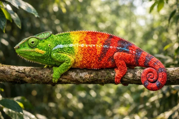 Kameleon koji mijenja boju u prirodnom staništu, prikaz znanosti prilagodbe