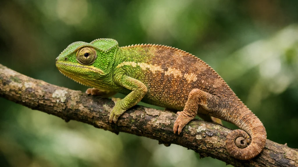 Mladi kameleon na grani u tropskoj šumi koji instinktivno mijenja boju