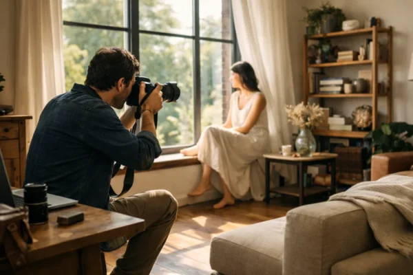 Fotograf koristi prirodno svjetlo s prozora za portretiranje subjekta u interijeru
