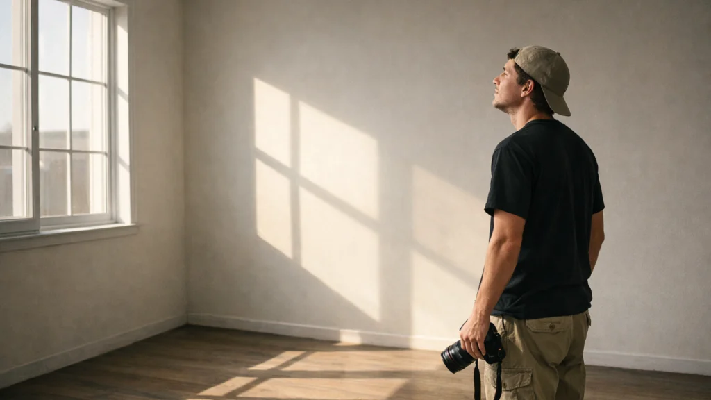 Početnik fotograf promatra prirodno svjetlo i sjene u prostoriji