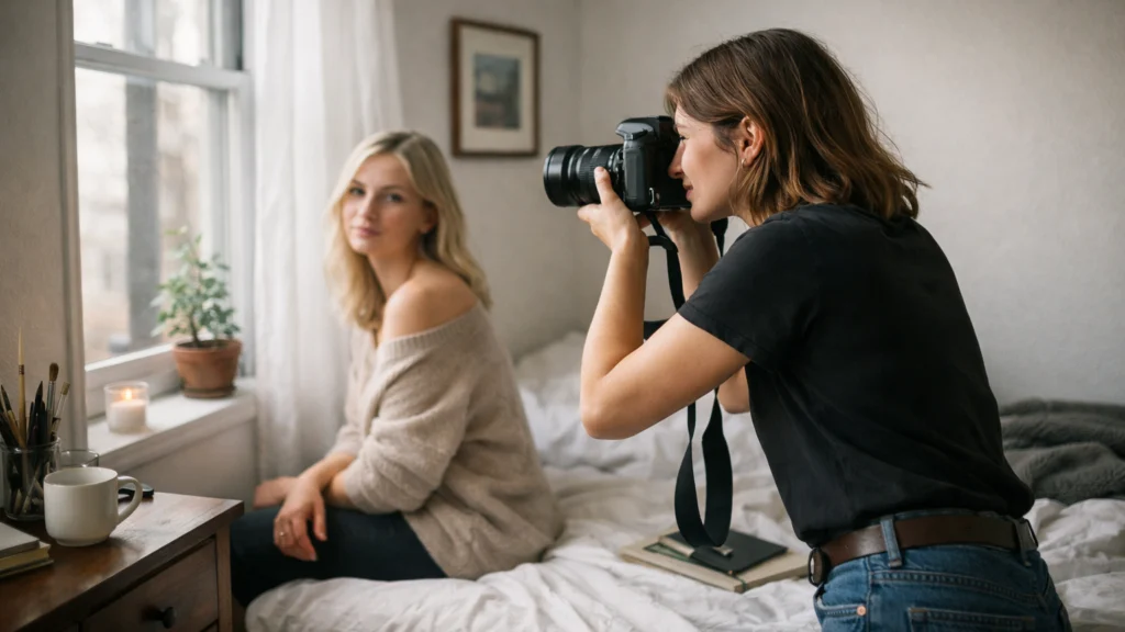 Mlada fotografkinja snima portret uz prirodno svjetlo iz prozora u stanu
