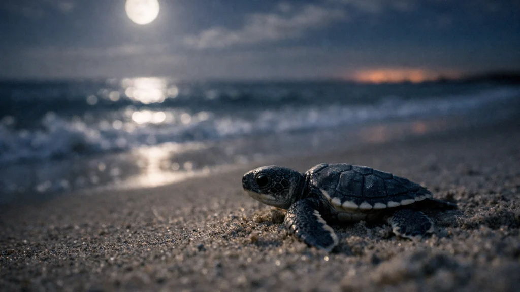 Mlada morska kornjača kreće s plaže prema moru noću