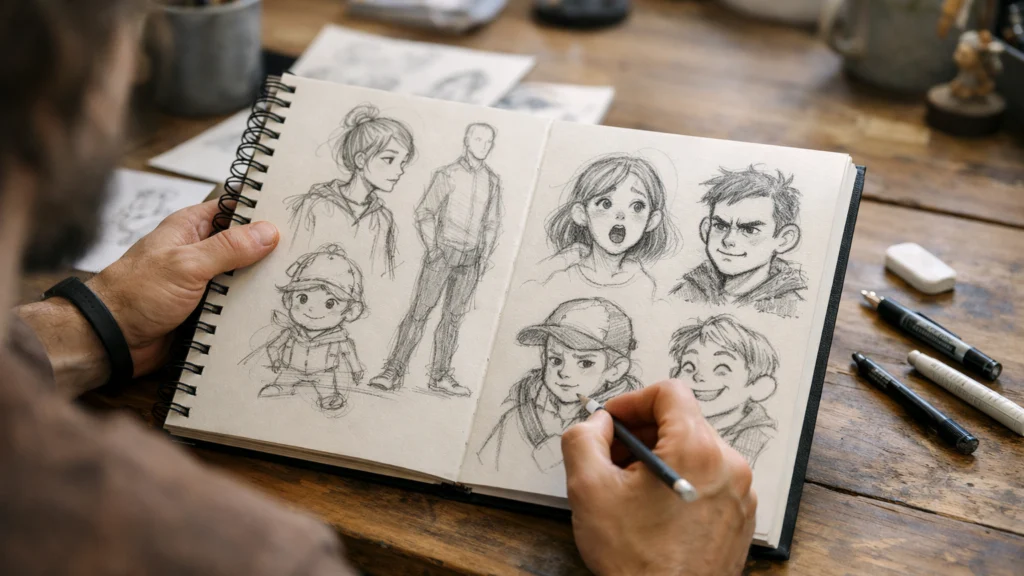 Početne skice strip lika kao dio kreativnog procesa