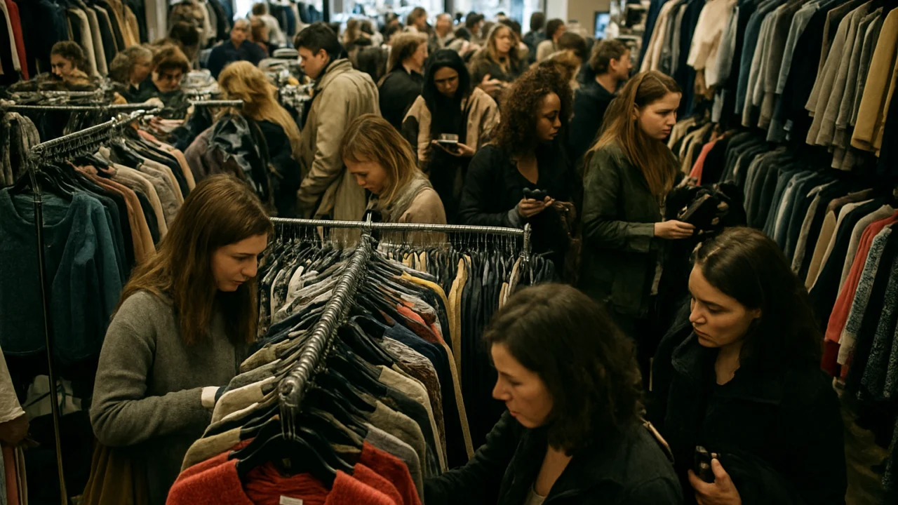 Pretrpana trgovina odjećom koja prikazuje kulturu brze potrošnje i česte kupnje
