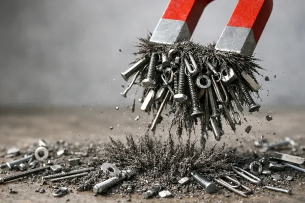 Magnet koji privlači metal i željezne strugotine – prikaz nevidljive magnetske sile