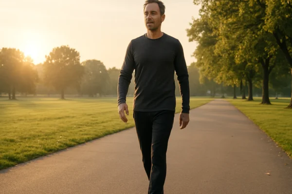 Osoba u jutarnjoj šetnji parkom kao simbol motivacije za više kretanja