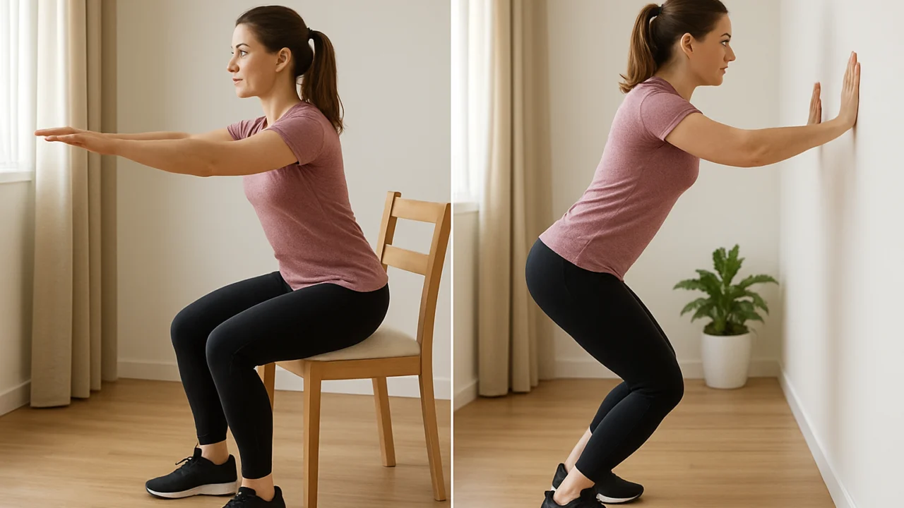 Primjeri blagih vježbi poput čučnja uz stolicu i sklekova o zid