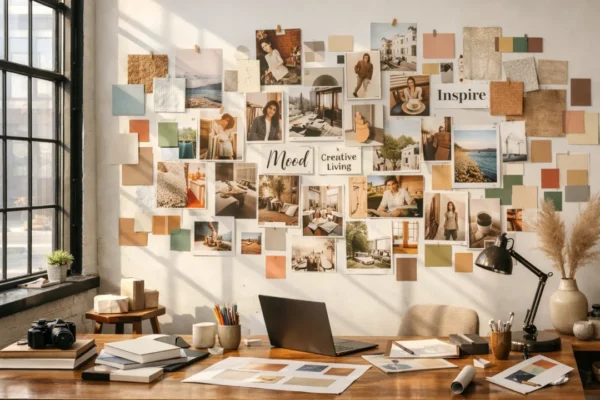 Kreativni moodboard u radnom prostoru koji pretvara ideje u jasnu viziju