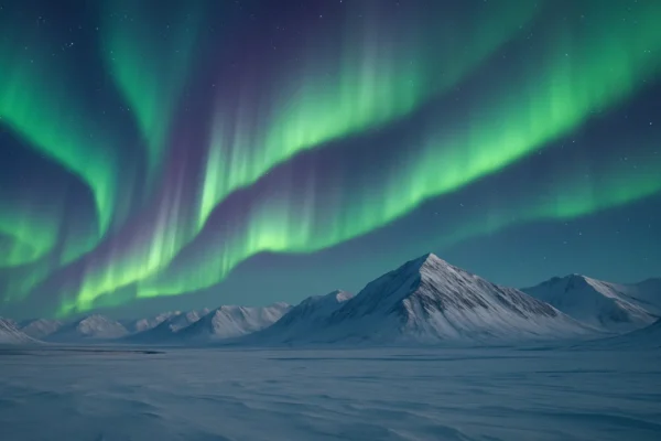 Aurora borealis nad snježnim sjevernim krajolikom prikazuje znanstvenu čaroliju polarne svjetlosti