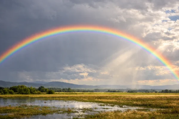 Prirodna duga na nebu nakon kiše koja prikazuje puni dugin spektar boja