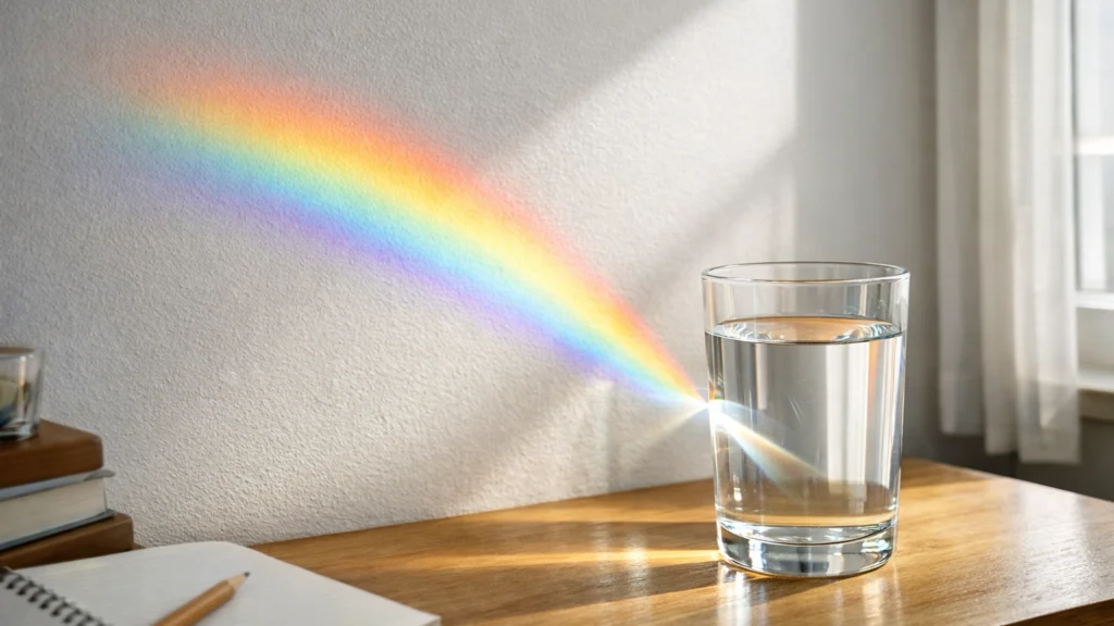 Kućni pokus sa čašom vode i sunčevom svjetlošću koji stvara mali dugin spektar