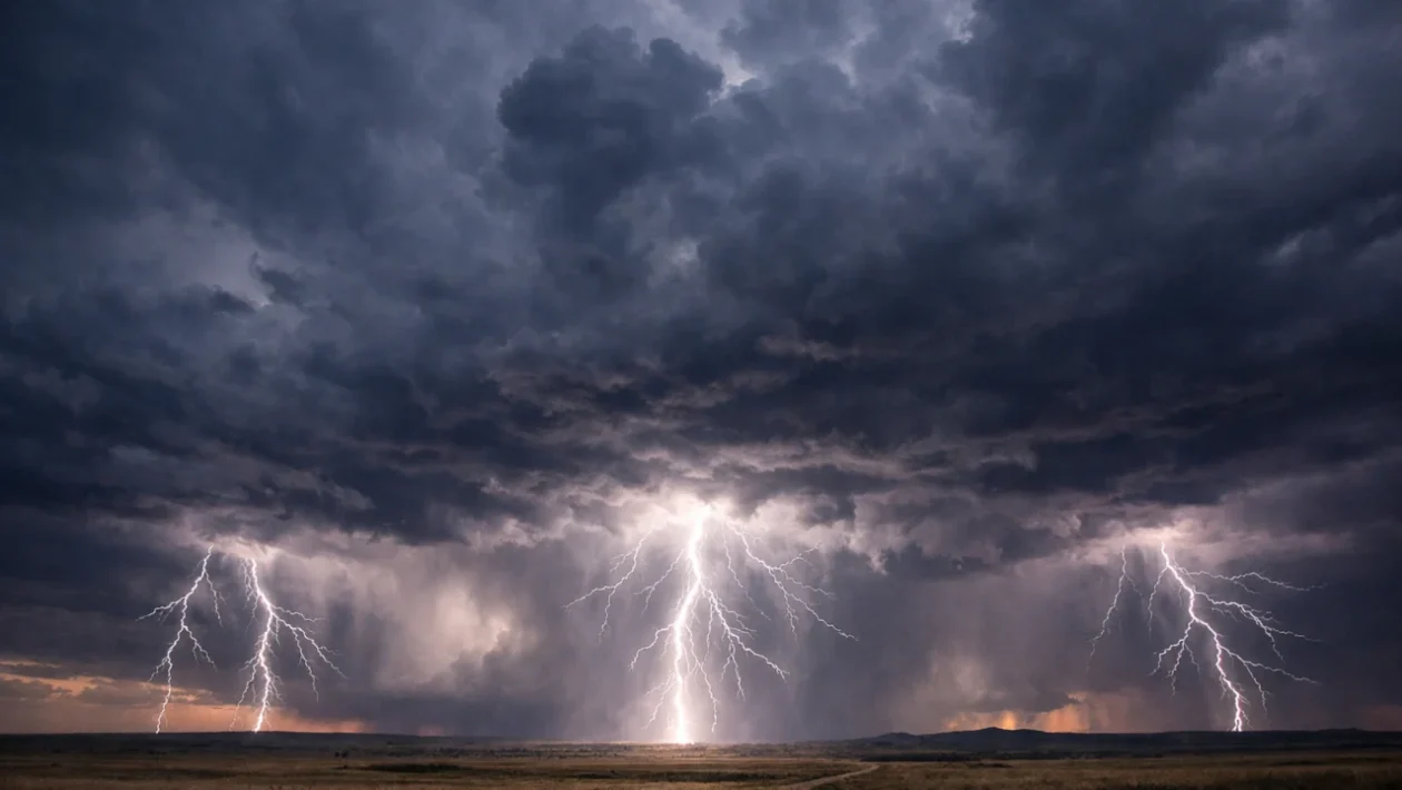 Snažna grmljavinska oluja s munjama na tamnom nebu, simbol snage prirode
